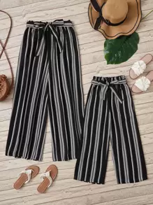 SHEIN LUNE Striped Print Paperbag Waist Belted Wide Leg Trousers - Black and White - View 2