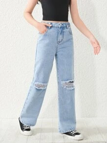 Jeans Para Niña Adolescente Con Pierna Recta Y Rasgados - Lavado ligero - Ver 3