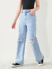 Jeans Para Niña Adolescente Con Pierna Recta Y Rasgados - Lavado ligero - Ver 4