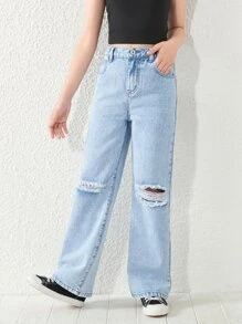 Jeans Para Niña Adolescente Con Pierna Recta Y Rasgados - Lavado ligero - Ver 5