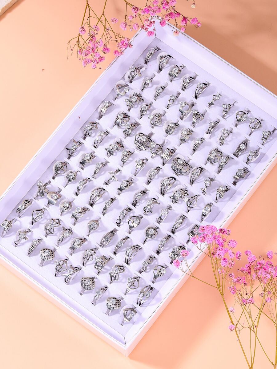 10入組隨機蝴蝶和愛心裝飾戒指 - 銀色 - 查看 1