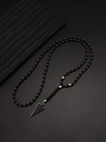 男士幾何吊墜串珠項鏈 - 黑色 - 查看 2