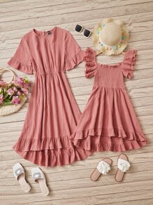 EMERY ROSE 1pc Solid Flounce Sleeve Ruffle Hem Dress