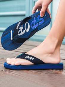 Fashionable Flip Flops For Men, Letter Graphic Polyester Slippers - Navy Blue - View 1