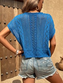 Knit Mix Batwing Sleeve Pointelle Knit Top - Blue - View 2