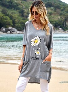 SHEIN LUNE Floral & Letter Graphic Batwing Sleeve Tee - Grey - View 1