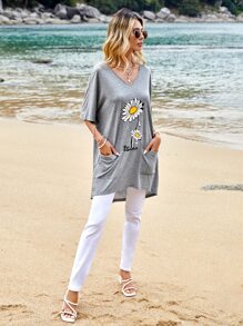 SHEIN LUNE Floral & Letter Graphic Batwing Sleeve Tee - Grey - View 4