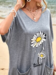 SHEIN LUNE Floral & Letter Graphic Batwing Sleeve Tee - Grey - View 5