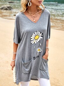 SHEIN LUNE Floral & Letter Graphic Batwing Sleeve Tee - Grey - View 6