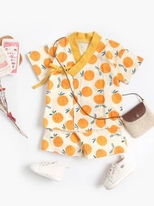 2入組/套可愛休閒橘色圖案短袖襯衫和短褲套裝適用於沙灘派對度假夏天 - 彩色 - 查看 1