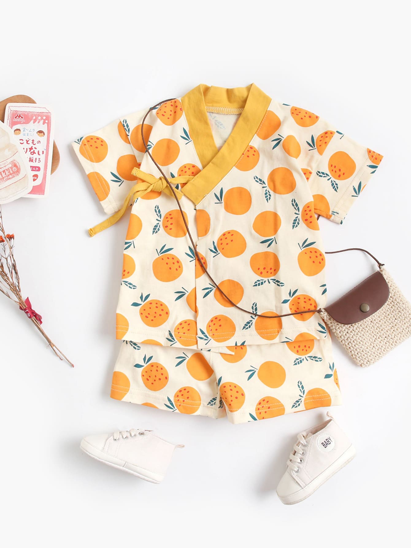 2入組/套可愛休閒橘色圖案短袖襯衫和短褲套裝適用於沙灘派對度假夏天 - 彩色 - 查看 1