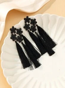 Flower Decor Tassel Drop Earrings - Black - View 1
