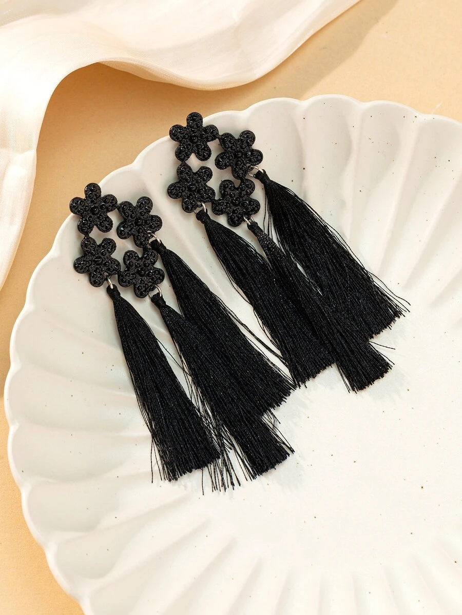 Flower Decor Tassel Drop Earrings - Black - View 1