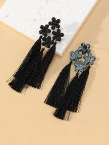 Flower Decor Tassel Drop Earrings - Black - View 2