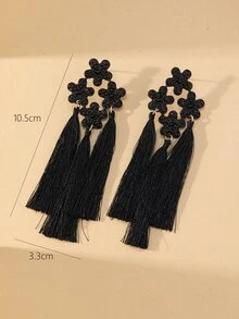 Flower Decor Tassel Drop Earrings - Black - View 4