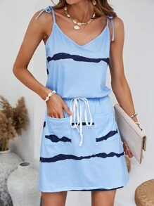 SHEIN VCAY 紮染肩上打結吊帶洋裝 - 藍色 - 查看 1