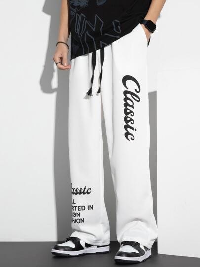 Homme Pantalon droit graphique de slogan à cordon