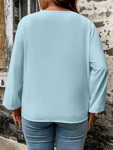 Calvaya Plus Contrast Tape Lantern Sleeve Blouse - Baby Blue - View 2