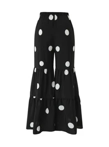 SHEIN Clasi Pantalones acampanados con estampado de lunares bajo con fruncido - Blanco y Negro - Ver 2