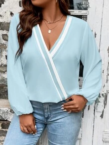 Calvaya Plus Contrast Tape Lantern Sleeve Blouse - Baby Blue - View 3