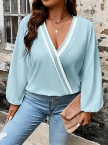 Calvaya Plus Contrast Tape Lantern Sleeve Blouse - Baby Blue - View 5