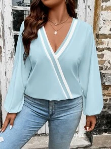 Calvaya Plus Contrast Tape Lantern Sleeve Blouse - Baby Blue - View 6