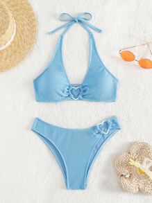 SHEIN Swim Summer Beach Heart Ring Linked Halter Bikini Set - Baby Blue - View 3