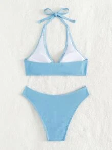 SHEIN Swim Summer Beach Heart Ring Linked Halter Bikini Set - Baby Blue - View 4
