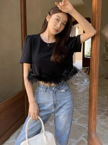 DAZY Solid Fuzzy Trim Tee - Black - View 3