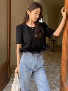 DAZY Solid Fuzzy Trim Tee - Black - View 4