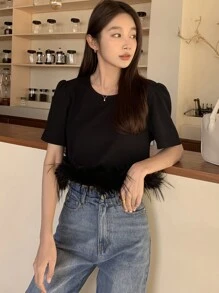 DAZY Solid Fuzzy Trim Tee - Black - View 8