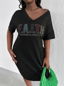 LovelyWholesale Plus Slogan Graphic Drop Shoulder Tee Dress - Black - View 1