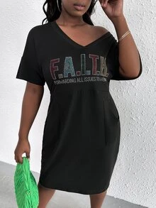 LovelyWholesale Plus Slogan Graphic Drop Shoulder Tee Dress - Black - View 5