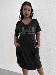 LovelyWholesale Plus Slogan Graphic Drop Shoulder Tee Dress - Black - View 6