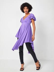 SHINGO Áo thun thiết kế cổ chữ V nhiều lớp tay áo viền bất đối xứng, dành cho mùa hè, ngày lễ, kỳ nghỉ, mùa xuân, lễ hội, phù hợp với Ibiza - Màu tím  Violet - Xem 3