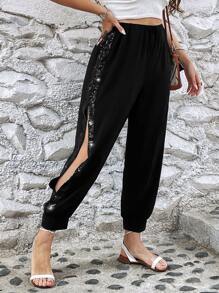 SHEIN LUNE Plus Contrast Sequin Split Thigh Trousers - Black - View 1