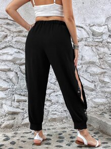 SHEIN LUNE Plus Contrast Sequin Split Thigh Trousers - Black - View 2