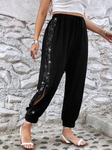 SHEIN LUNE Plus Contrast Sequin Split Thigh Trousers - Black - View 4