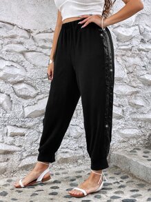 SHEIN LUNE Plus Contrast Sequin Split Thigh Trousers - Black - View 6