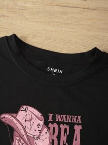 SHEIN LUNE 鞋和標語圖案T恤 - 黑色 - 查看 5