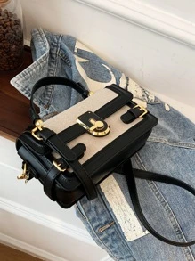 Colourblock Square Bag Buckle Decor Small - Black - View 5