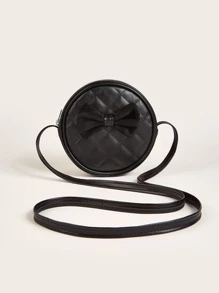 1pc Girls' Plaid Pu Stitching Bowknot Black Soft Sweet Mini Round Crossbody Bag Suitable For Daily Use - Black - View 1