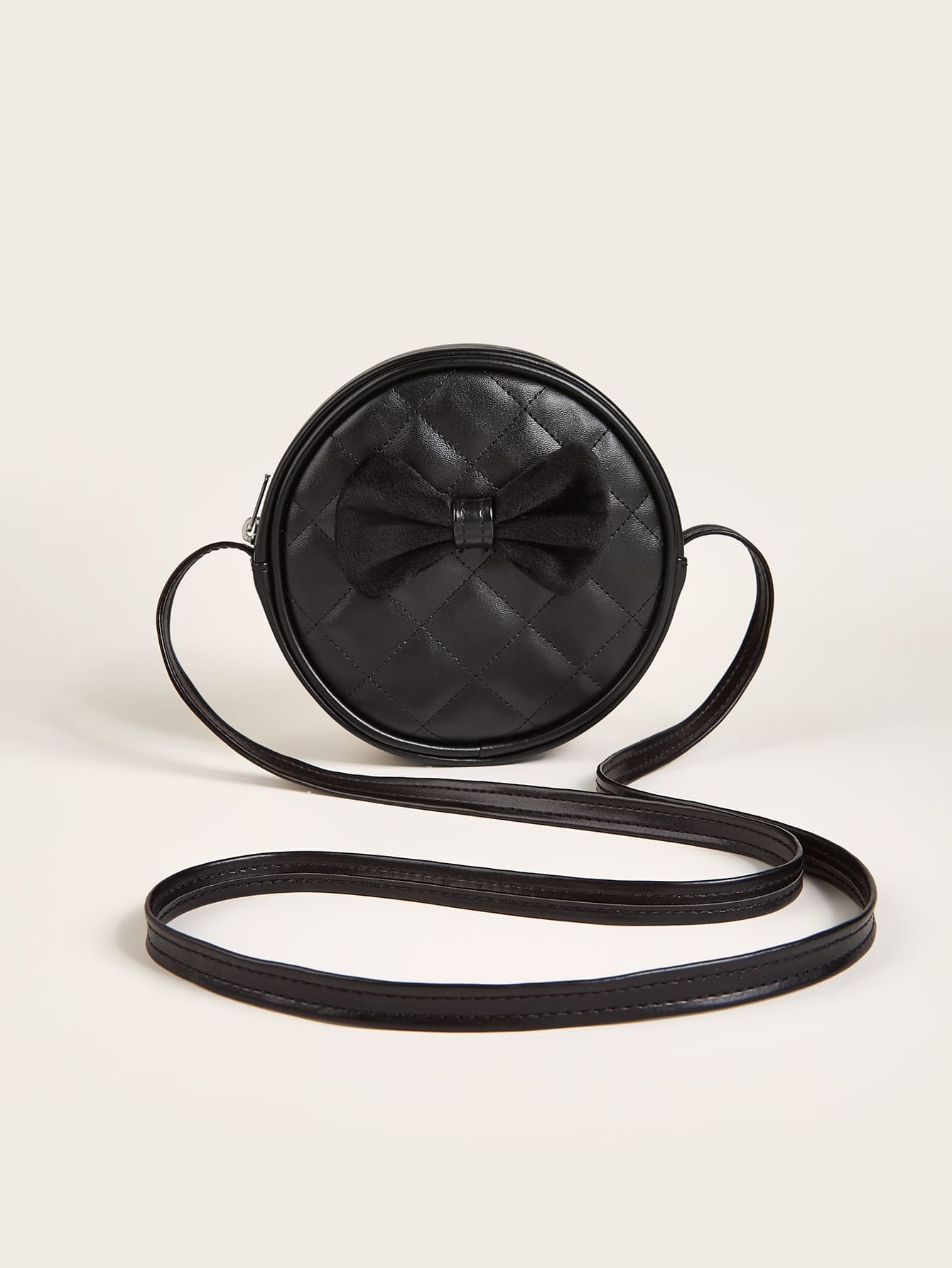 1pc Girls' Plaid Pu Stitching Bowknot Black Soft Sweet Mini Round Crossbody Bag Suitable For Daily Use - Black - View 1