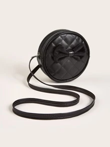 1pc Girls' Plaid Pu Stitching Bowknot Black Soft Sweet Mini Round Crossbody Bag Suitable For Daily Use - Black - View 2