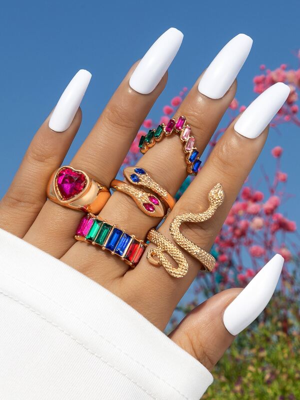 imoli 5 piezas Anillo de color al azar con diamante de imitación & con diseño de serpiente