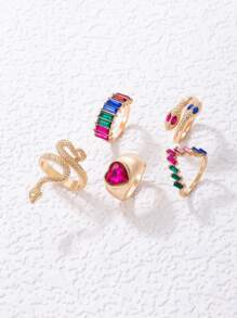 imoli 5 piezas Anillo de color al azar con diamante de imitación & con diseño de serpiente - Multicolor - Ver 5