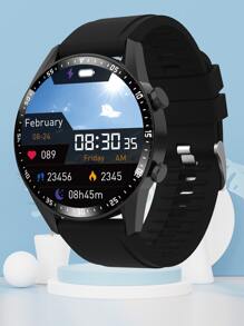 1pc Black Silicone Strap Sporty Full Touch Screen With Heart Rate Monitoring, Blood Pressure Blood Oxygen Tracking Life Round Smart Watch, For A Gift - 黑色 - 查看 1