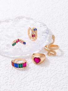 imoli 5 piezas Anillo de color al azar con diamante de imitación & con diseño de serpiente - Multicolor - Ver 7