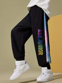 Boys Letter Graphic Contrast Side Seam Joggers - Black - View 1