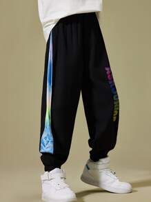Boys Letter Graphic Contrast Side Seam Joggers - Black - View 3